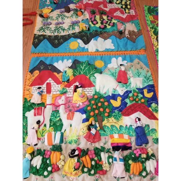 Vintage Arpillera Folk Art 3D Wall Hanging Seat Covering Peruvian Set Handmade - Picture 3 of 11